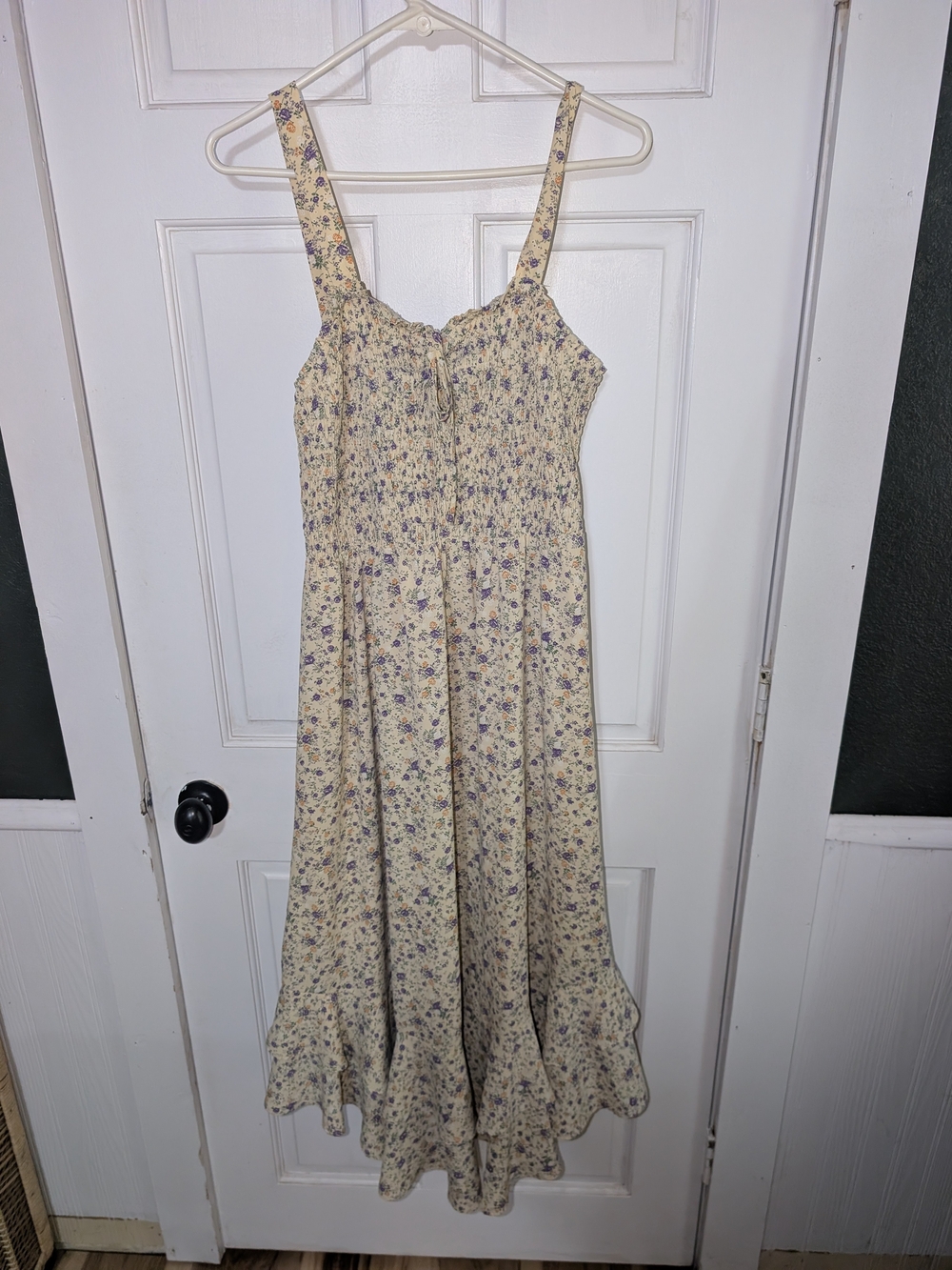 Smocked Floral Midi Dress in Cream with Blue Accents
